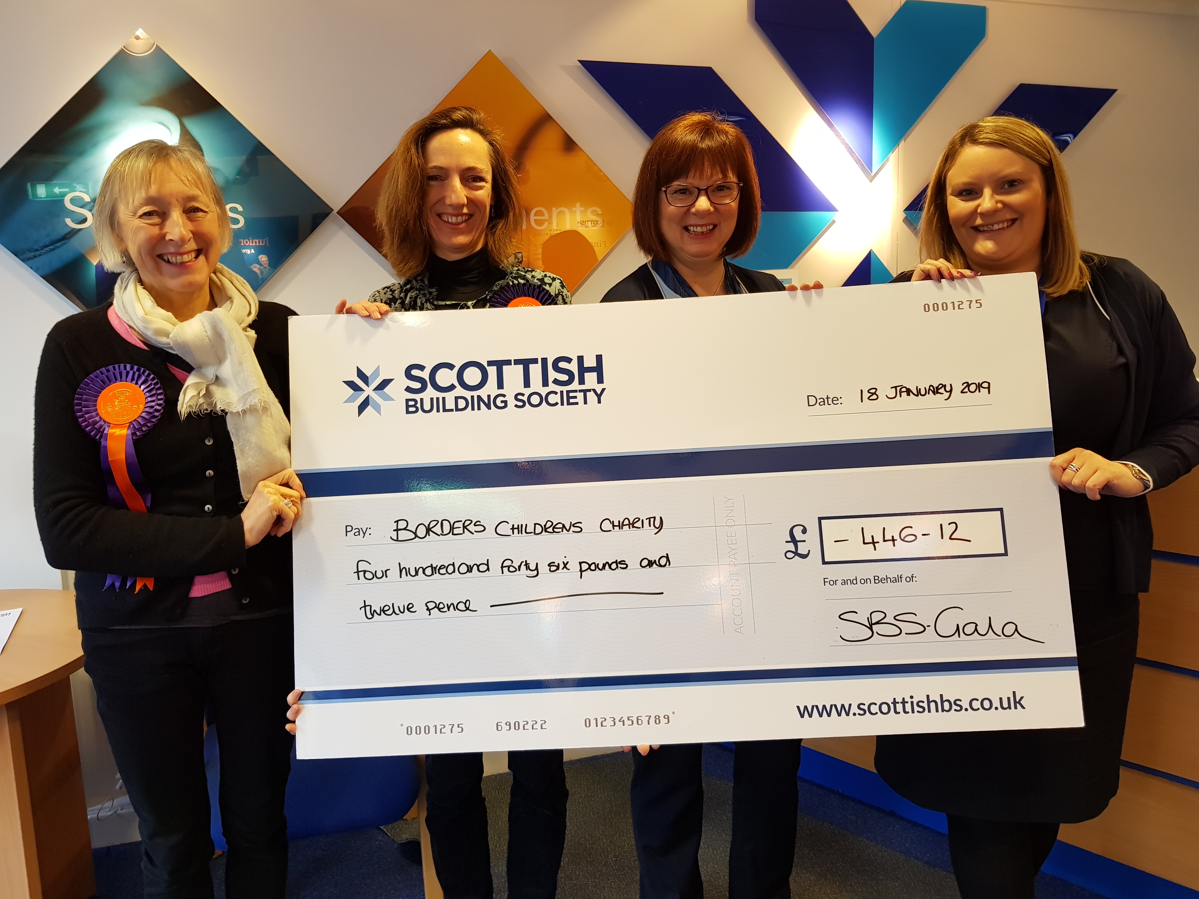 Background image: Galashiels Branch Present Cheque